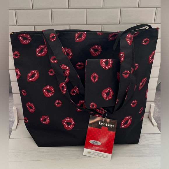 Betty Boop Canvas Tote Bag with Coin Purse Red Lips Super Cute! - Picture 8 of 11